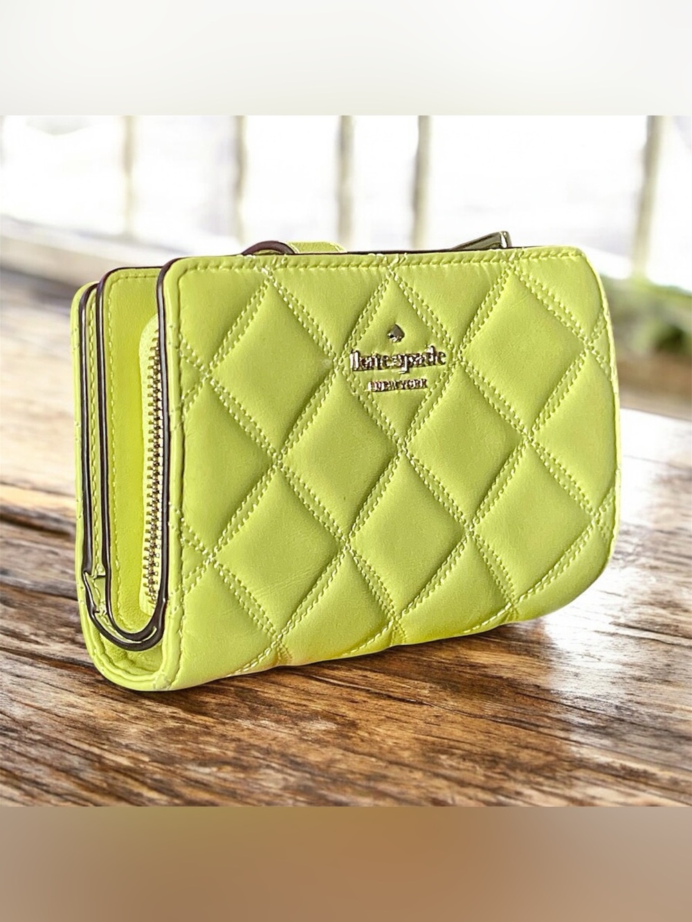 Like New Kate Spade Natalia Quilted Leather Medium Bifold Wallet Lime Green